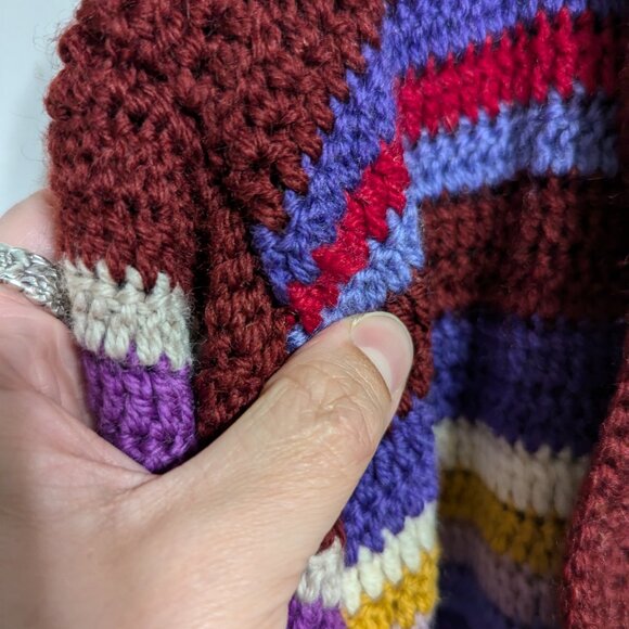 Stripped, chevron, and granny square long multi-coloured crochet cardigan - Picture 15 of 16